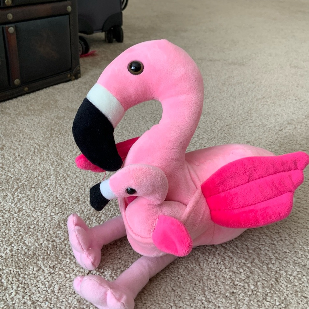 Flamingo mama and baby stuffed animal, gently loved, pet free smoke free home